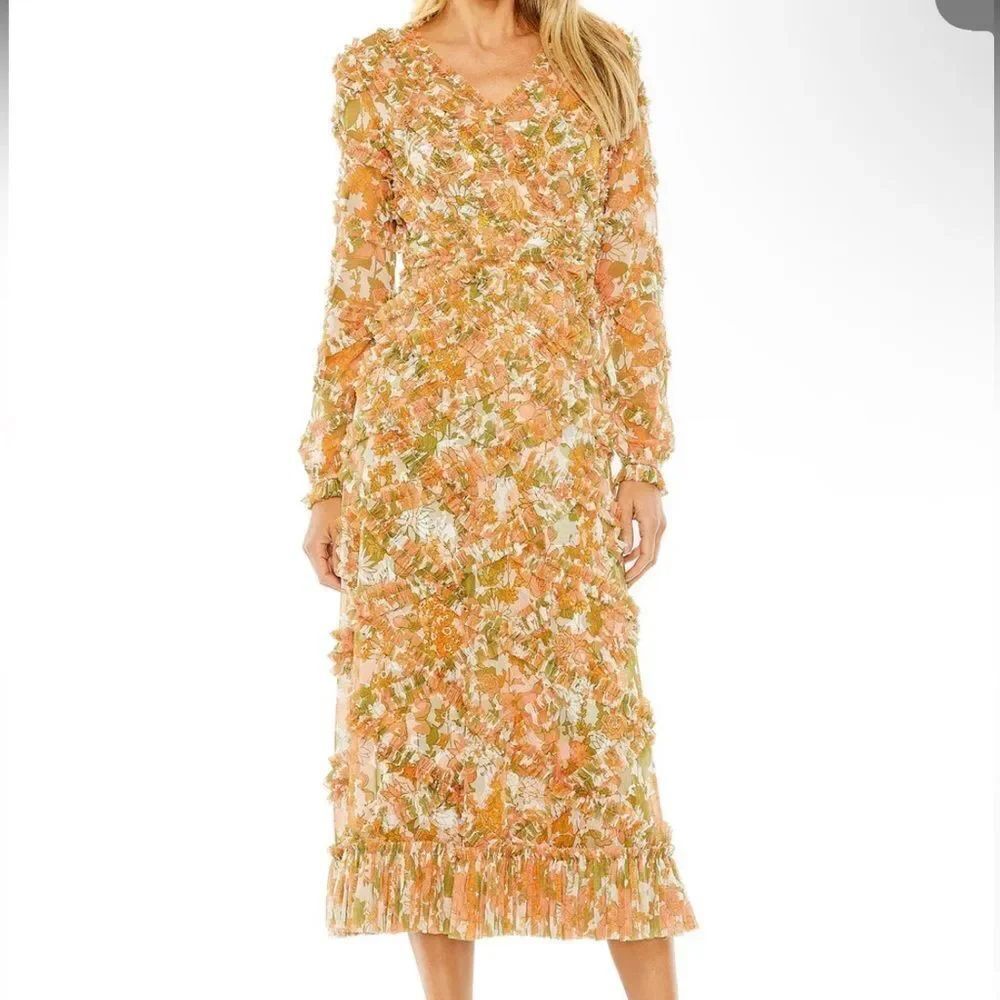Mac Duggal 8134 Short Cocktail Floral Midi Length Ruffle Dress